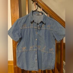 Vintage Denim Button-Down with Animal Embroidery, Women’s M casual summer